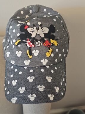 Disney Denim-Style Polka Dot Baseball Cap - Black & White with Red Accent